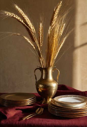 Dried wheat and brass vase - brass,